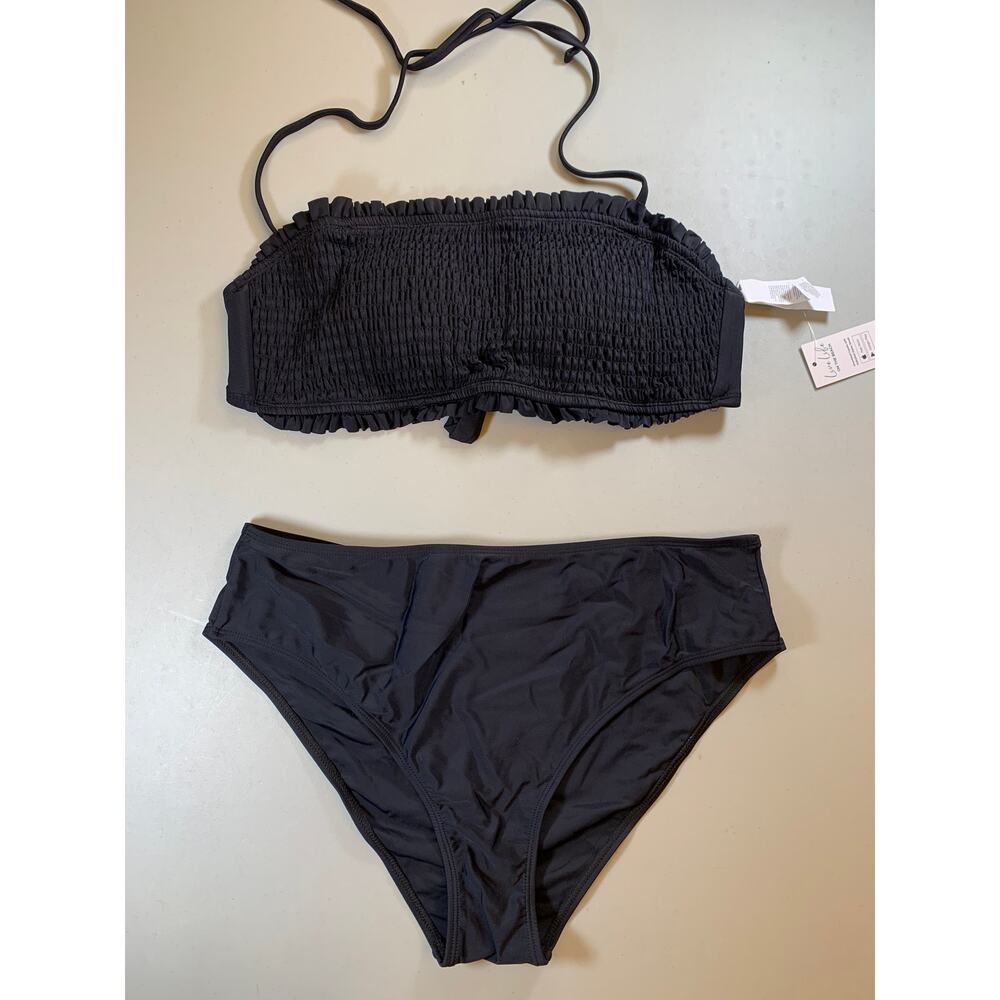 NWT Cupshe Black Smocked Bandeau Halter Bikini Size Large